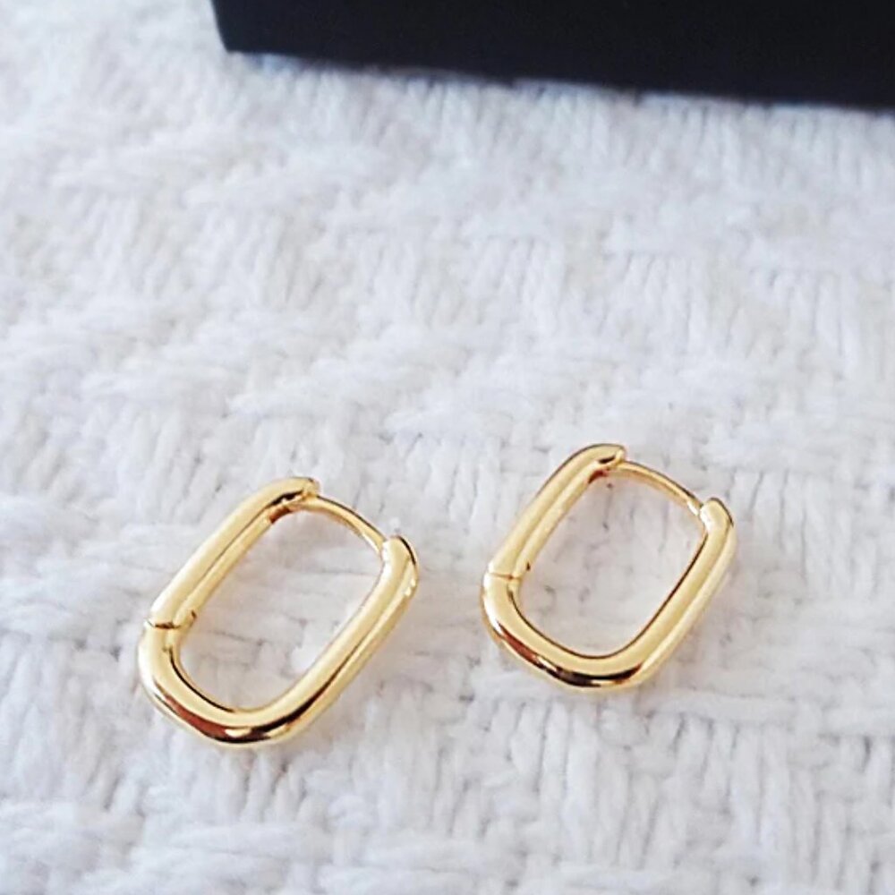 Gold Dipped 925 Sterling Silver Rectangle Hoop Earrings Small Huggie Hoops